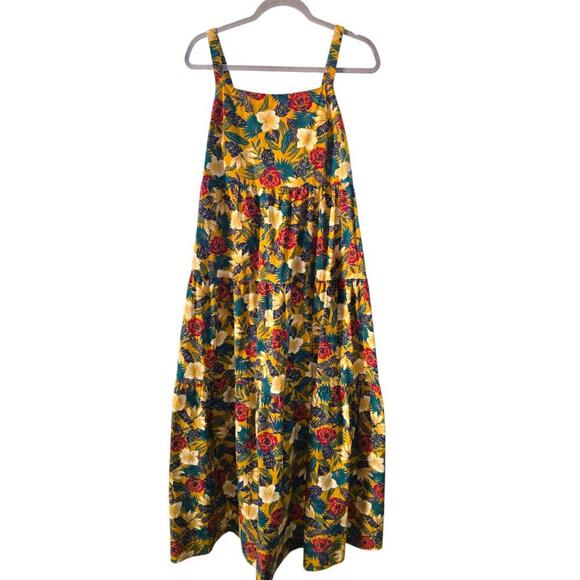 DlP Dress Womens Large Yellow Red Green White Floral Sleeveless Maxi Tiered - Picture 4 of 7